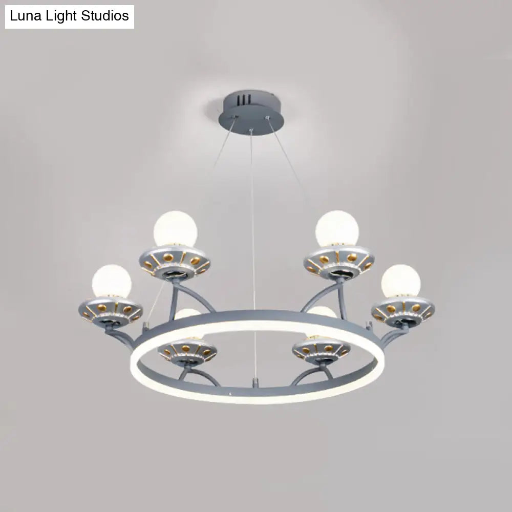 6-Light Silver Chandelier With Hanging Round Metal Frame And Sphere White Glass Shade - Kids Room