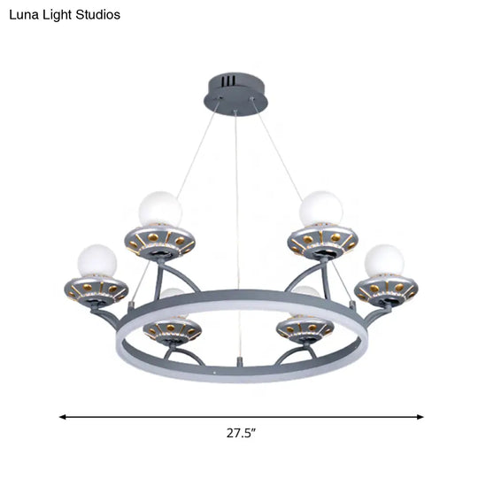 6-Light Silver Chandelier With Hanging Round Metal Frame And Sphere White Glass Shade - Kids Room