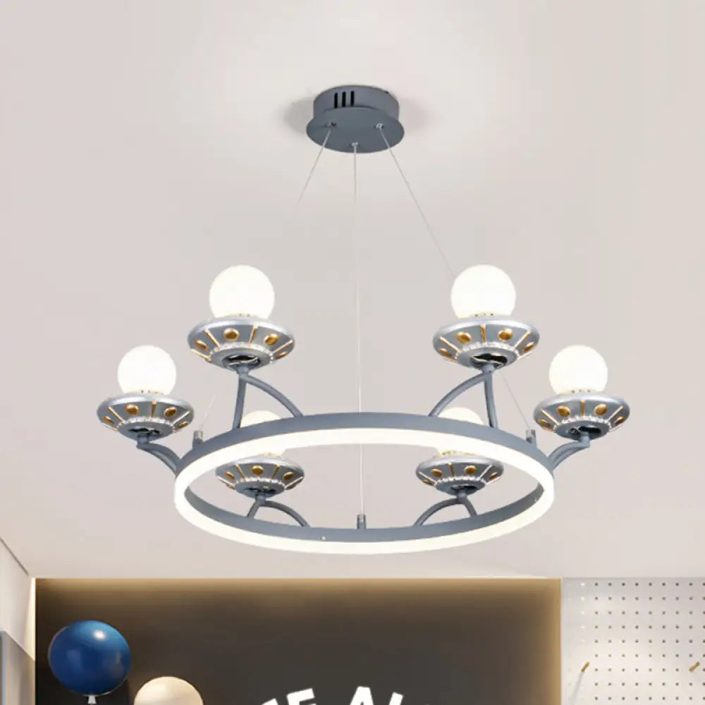 6-Light Silver Chandelier With Hanging Round Metal Frame And Sphere White Glass Shade - Kids Room