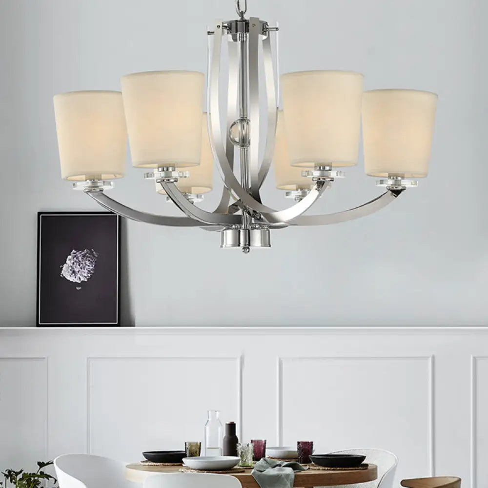 6-Light Silver Cylinder Chandelier With Fabric Shade - Simple Iron Pendant Lighting Fixture