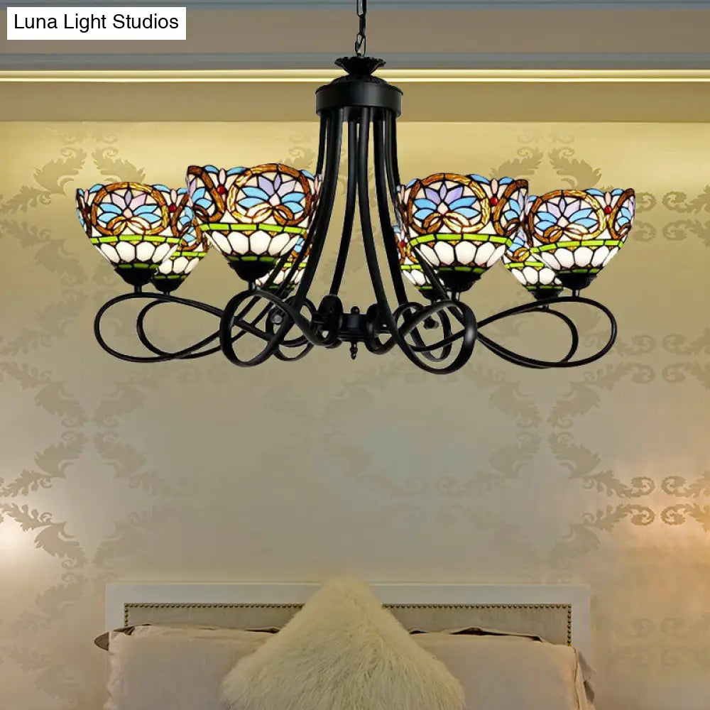 6-Light Stained Glass Bowl Pendant Lighting: Victorian Chandelier In Black Finish With Adjustable