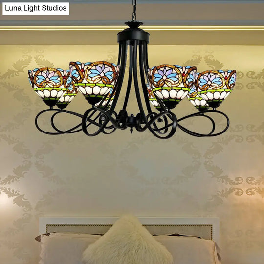 6-Light Stained Glass Bowl Pendant Lighting: Victorian Chandelier In Black Finish With Adjustable