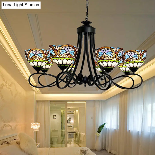 6-Light Stained Glass Bowl Pendant Lighting: Victorian Chandelier In Black Finish With Adjustable