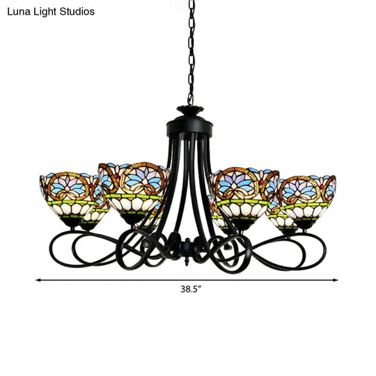 6-Light Stained Glass Bowl Pendant Chandelier In Black Finish With Adjustable Chain - Victorian