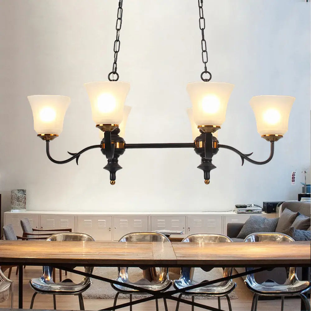 6-Light Traditional Bell Pendant Ceiling Lamp In Black With White Glass Shades - Ideal For Dining