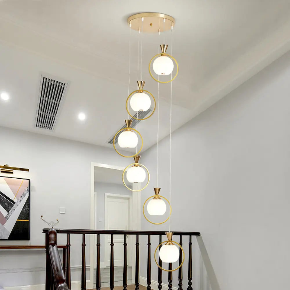 6-Light White Glass Stair Pendant With Gold Metal Loop - Ball Shaped Suspension Light