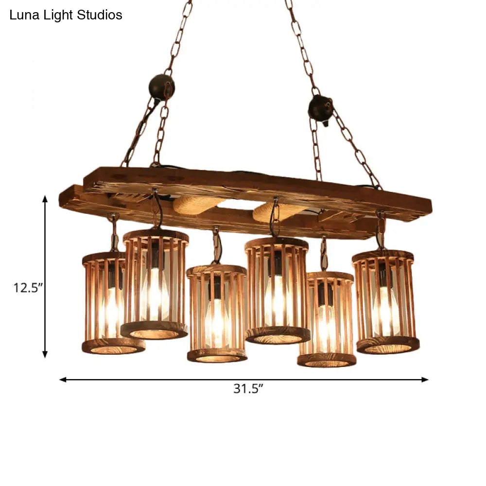 6-Light Wood Pendant Chandelier - Industrial Factory Cylinder Hanging Island Light With Ladder Deco