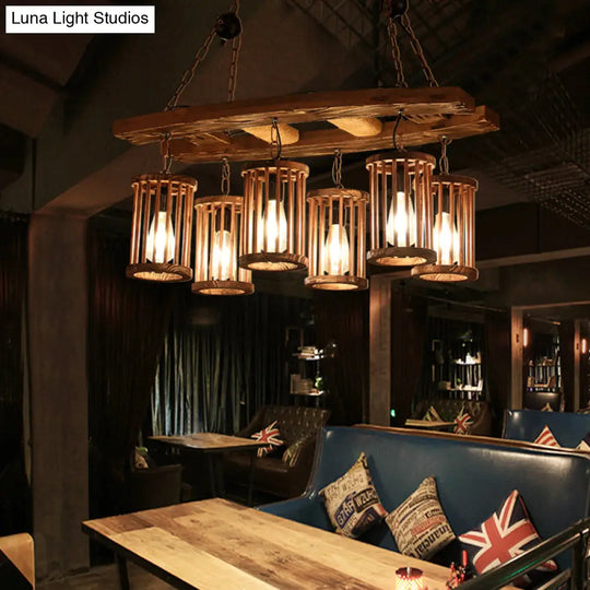 6-Light Wood Pendant Chandelier - Industrial Factory Cylinder Hanging Island Light With Ladder Deco