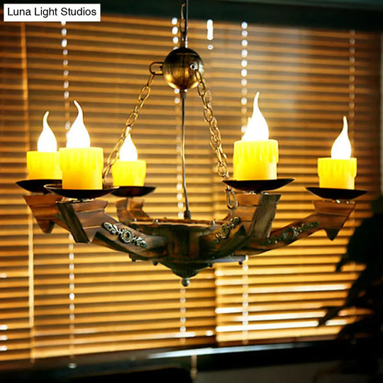 Farmhouse Chandelier With 6 Candle Lights In Dark Wood Resin - Perfect For Restaurants And More!