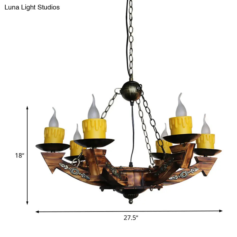 Farmhouse Chandelier With 6 Candle Lights In Dark Wood Resin - Perfect For Restaurants And More!