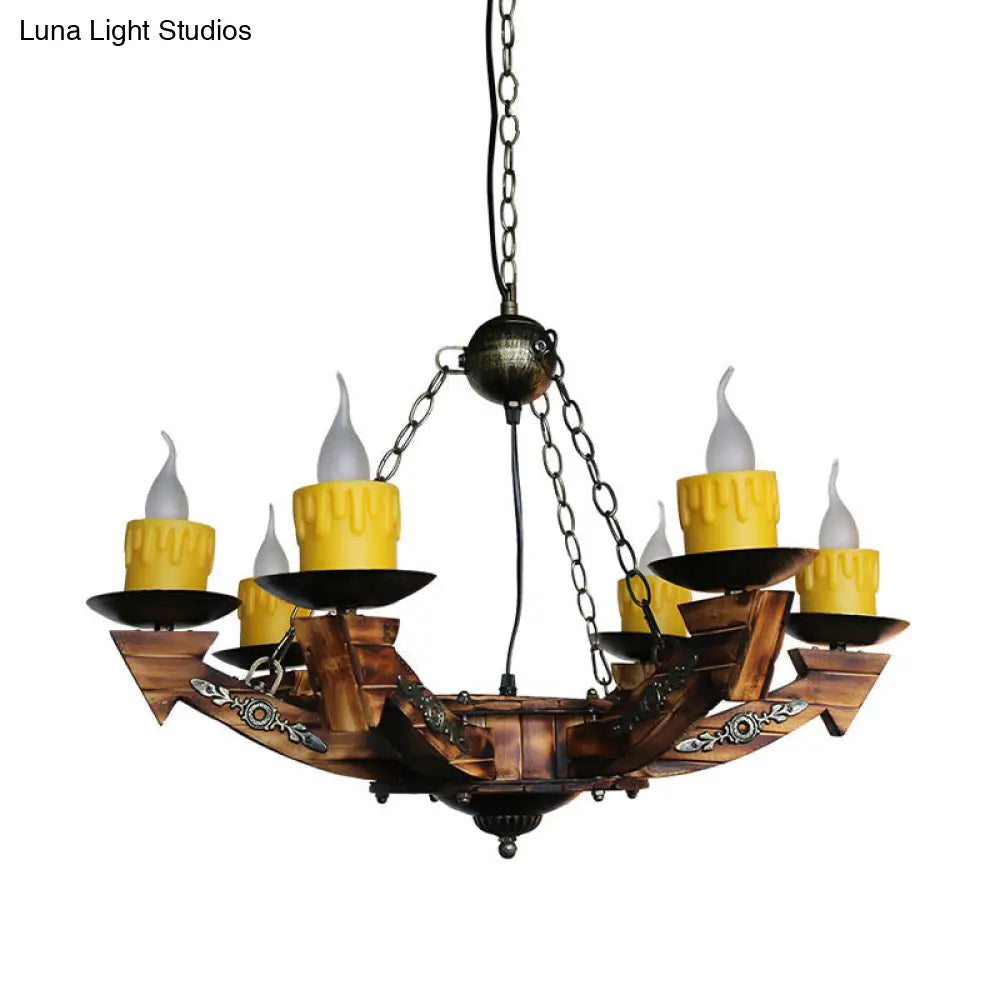 Farmhouse Chandelier With 6 Candle Lights In Dark Wood Resin - Perfect For Restaurants And More!