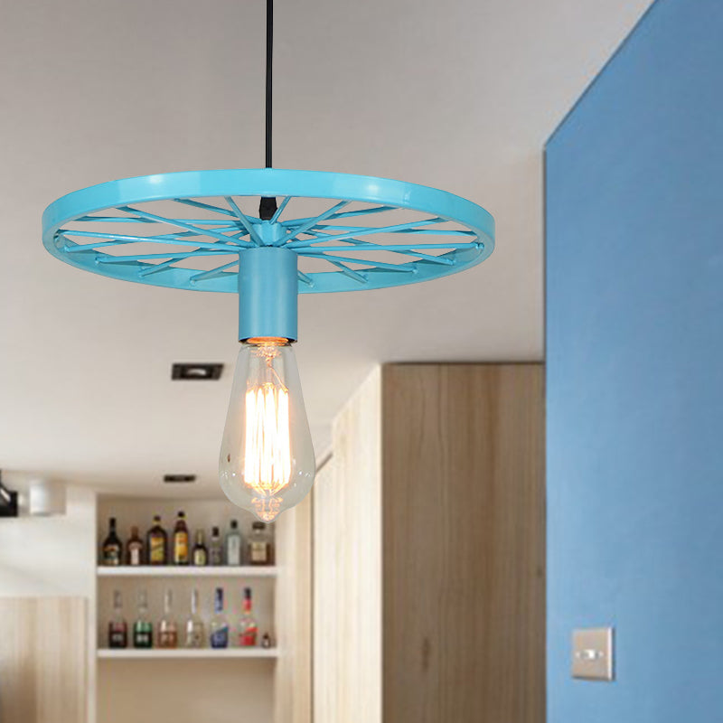 Vintage Wheel Decorated Bare Bulb Ceiling Light In Blue/Yellow: Wrought Iron Pendant Lamp