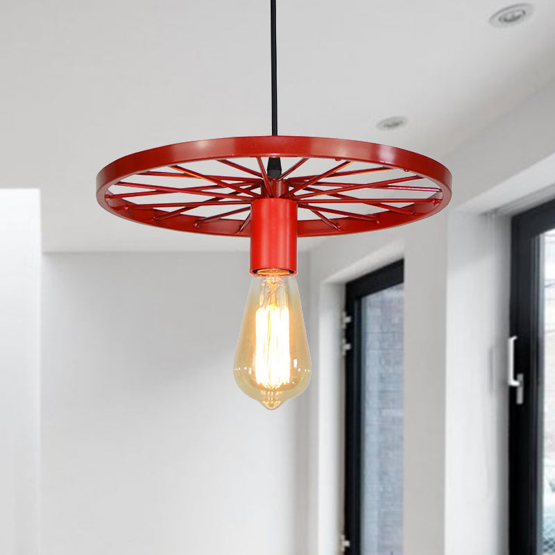 Vintage Wheel Decorated Bare Bulb Ceiling Light In Blue/Yellow: Wrought Iron Pendant Lamp Red
