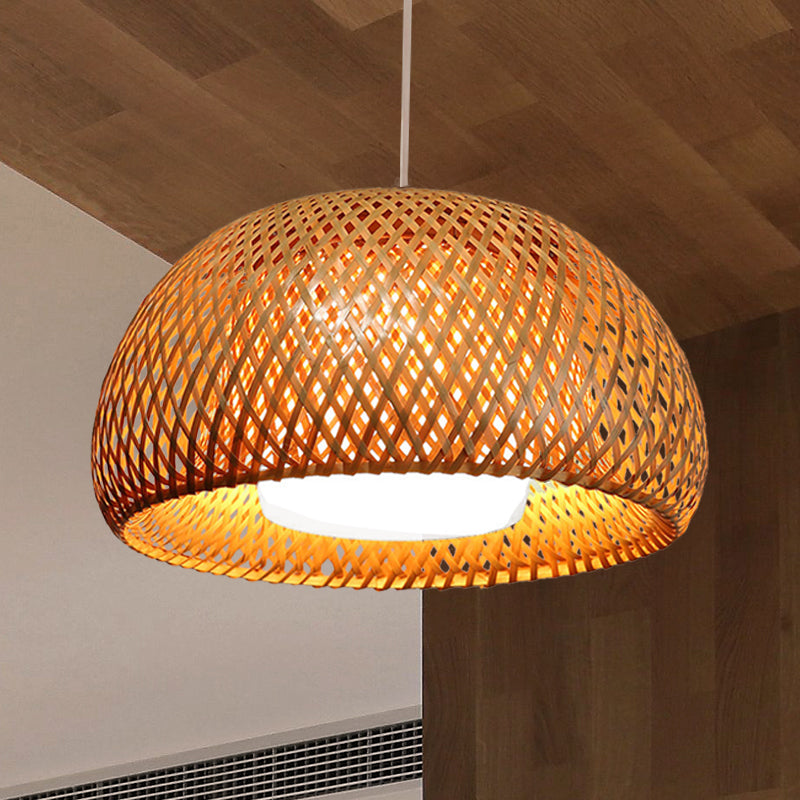 Rustic Bamboo Double-Decker Domed Hanging Lamp - 1 Light Suspended For Restaurant Dining Room