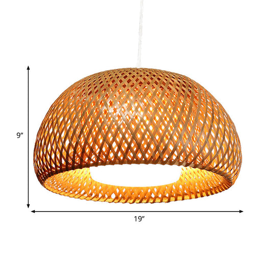 Rustic Bamboo Double-Decker Domed Hanging Lamp - 1 Light Suspended For Restaurant Dining Room