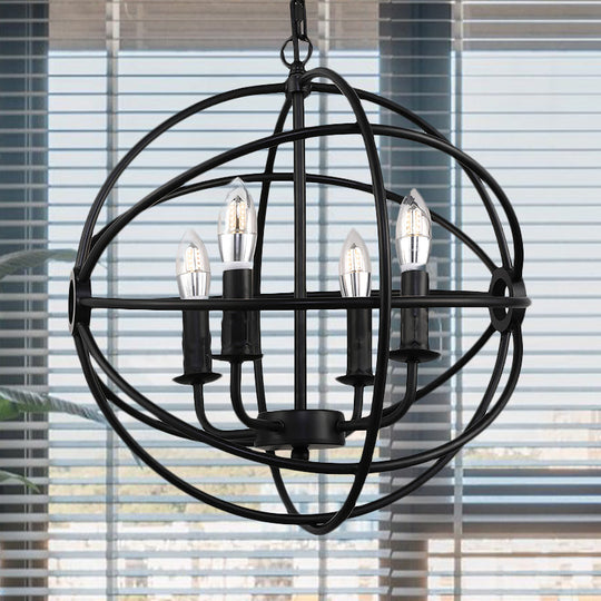 Vintage Black Metal Ball Cage Pendant Lighting For Dining Room - 4/5/6/8 Lights Antique Candle Style