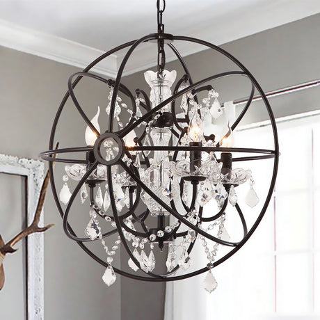 Vintage Globe Cage Iron Chandelier With Clear Crystal Decoration And 4 Hanging Bulbs In Black