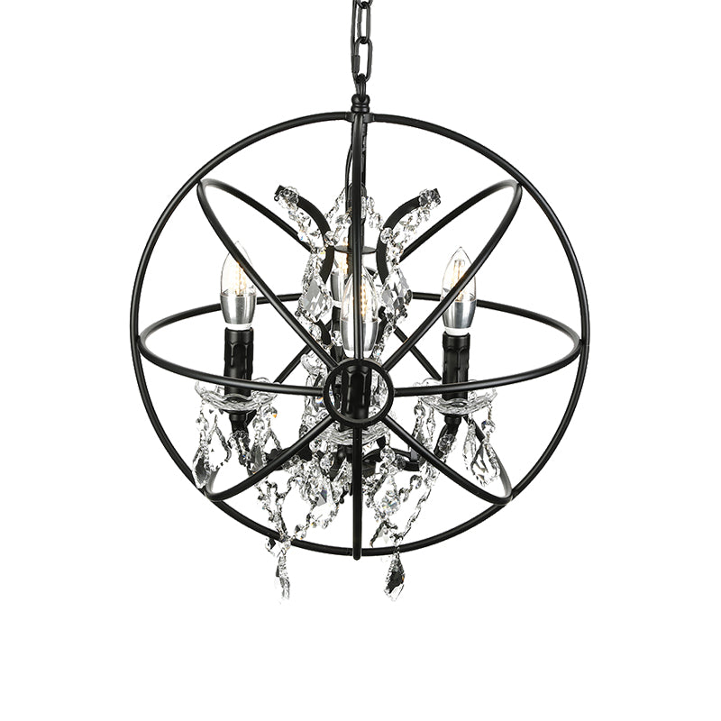 Vintage Hanging Lamp with Globe Cage Shade and Crystal Decoration - Black Iron Chandelier Lighting