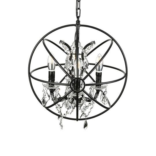 Vintage Globe Cage Iron Chandelier With Clear Crystal Decoration And 4 Hanging Bulbs In Black