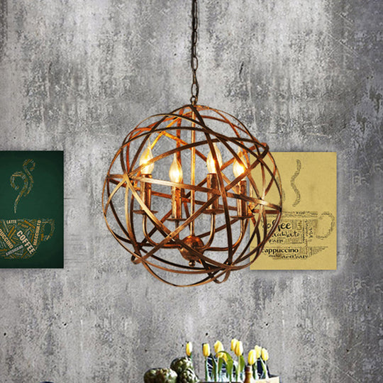 Vintage Style Antique Brass Chandelier Light Fixture- 4-Head Ceiling With Iron Globe Cage Shade -