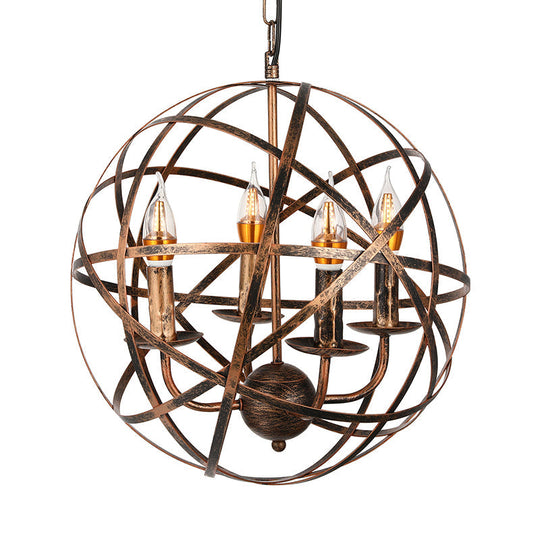 Vintage Style Antique Brass Chandelier Light Fixture- 4-Head Ceiling With Iron Globe Cage Shade -