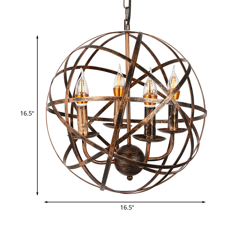 Vintage Style 4-Head Ceiling Chandelier with Iron Globe Cage Shade in Antique Brass for Dining Room
