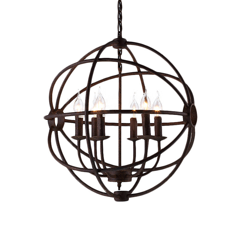 Spherical Wrought Iron Hanging Light: Antique Style Indoor Chandelier Lamp in Black/Rust with 3/6/7 Lights