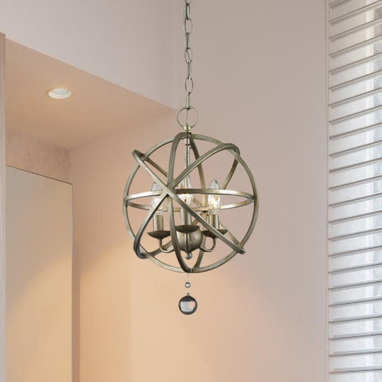 Farmhouse Orb Caged Chandelier - 3-Light Kitchen Pendant With Crystal Decoration Pewter
