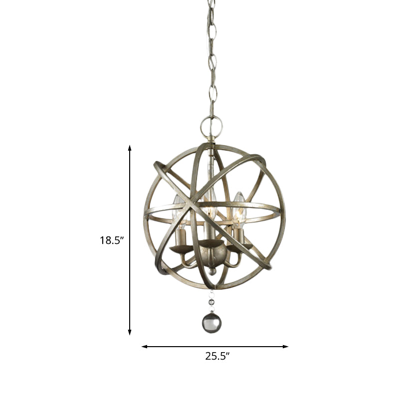 Farmhouse Style Iron Kitchen Chandelier Pendant Light - Orb Caged Design, 3 Lights, Pewter Finish with Crystal Decoration
