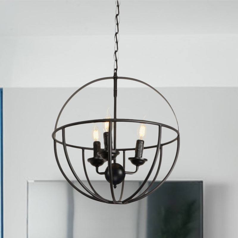 Antique Black Circle Cage Shade Restaurant Chandelier - Metallic 3-Light Hanging Lamp