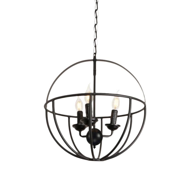 Antique Black Circle Cage Shade Restaurant Chandelier - Metallic 3-Light Hanging Lamp