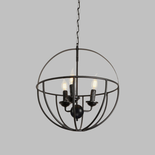 Antique Metallic 3-Light Black Circle Cage Hanging Lamp - Restaurant Chandelier Fixture