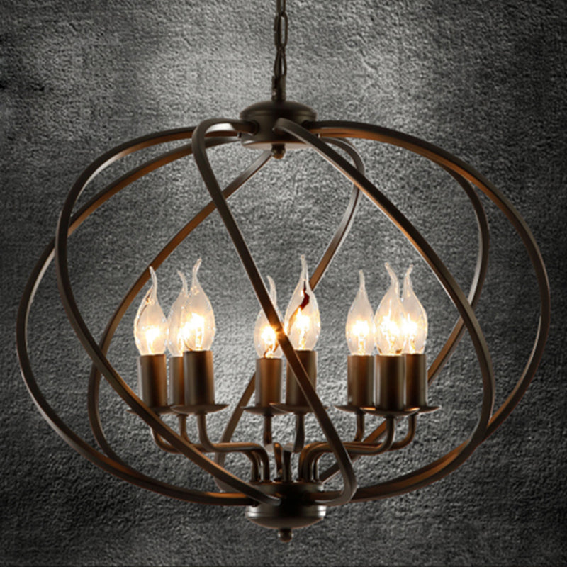Industrial Black Round Cage Chandelier - 8-Light Pendant Light for Large Dining Rooms with Candle Decoration