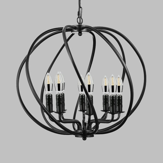 Industrial Black Round Cage Chandelier - 8-Light Pendant Light for Large Dining Rooms with Candle Decoration