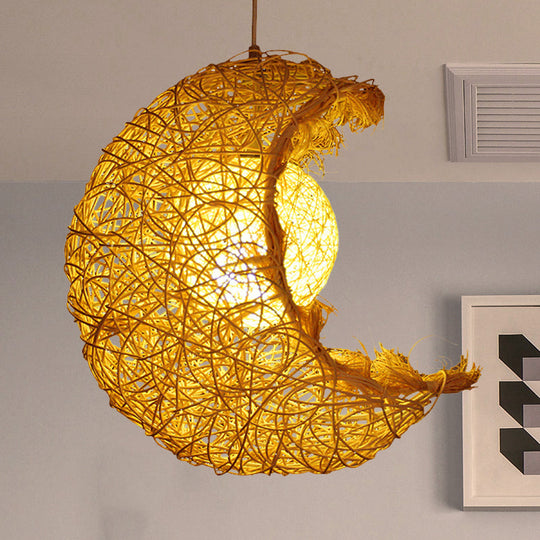 Rustic Rattan Moon Pendant Light - Hand Knitted Single Beige Ideal For Kids Room