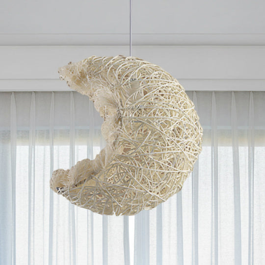 Rustic Rattan Moon Pendant Light - Hand Knitted Single Beige Ideal For Kids Room