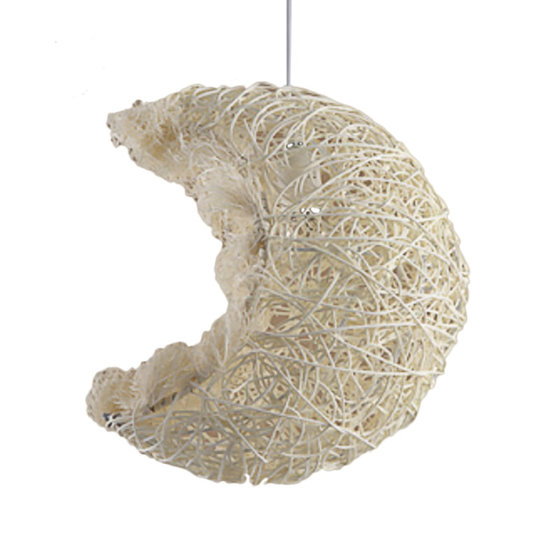 Rustic Rattan Moon Pendant Light - Hand Knitted Single Beige Ideal For Kids Room