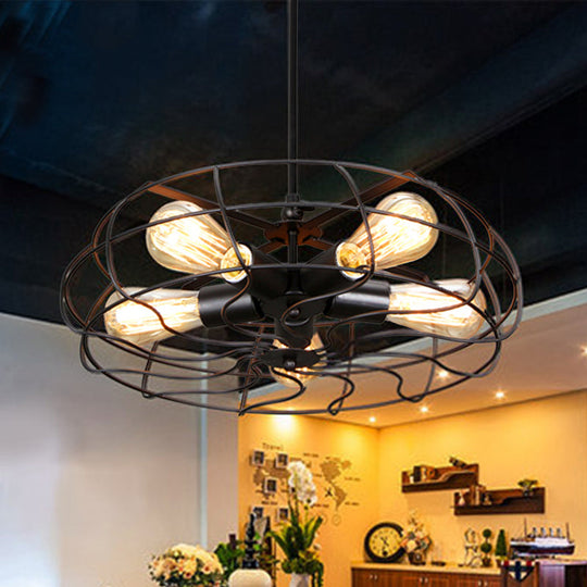 Vintage Round Cage Pendant Light With 5 Bulbs - Wrought Iron Chandelier Lamp In Black/Rust Black /