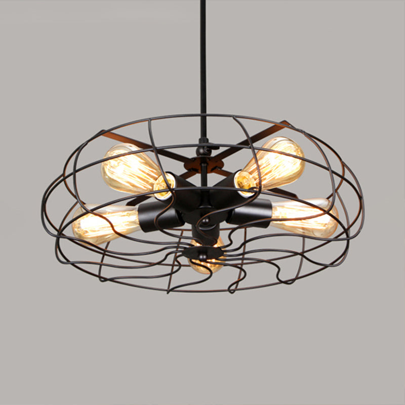 Vintage Round Cage Pendant Light With 5 Bulbs - Wrought Iron Chandelier Lamp In Black/Rust