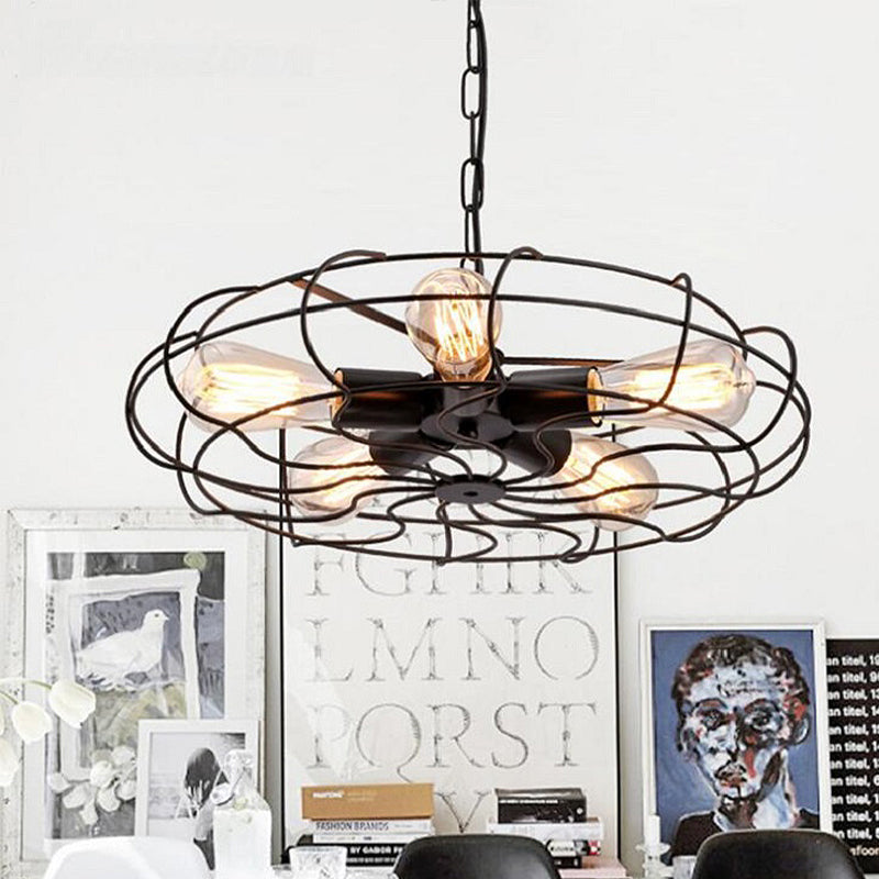 Vintage Round Cage Pendant Light With 5 Bulbs - Wrought Iron Chandelier Lamp In Black/Rust
