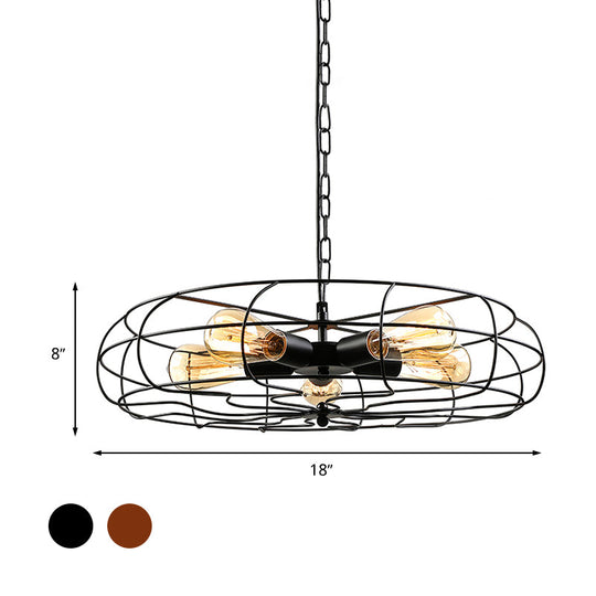 Vintage Round Cage Pendant Chandelier Lamp - 5 Bulbs, Wrought Iron, Black/Rust Finish
