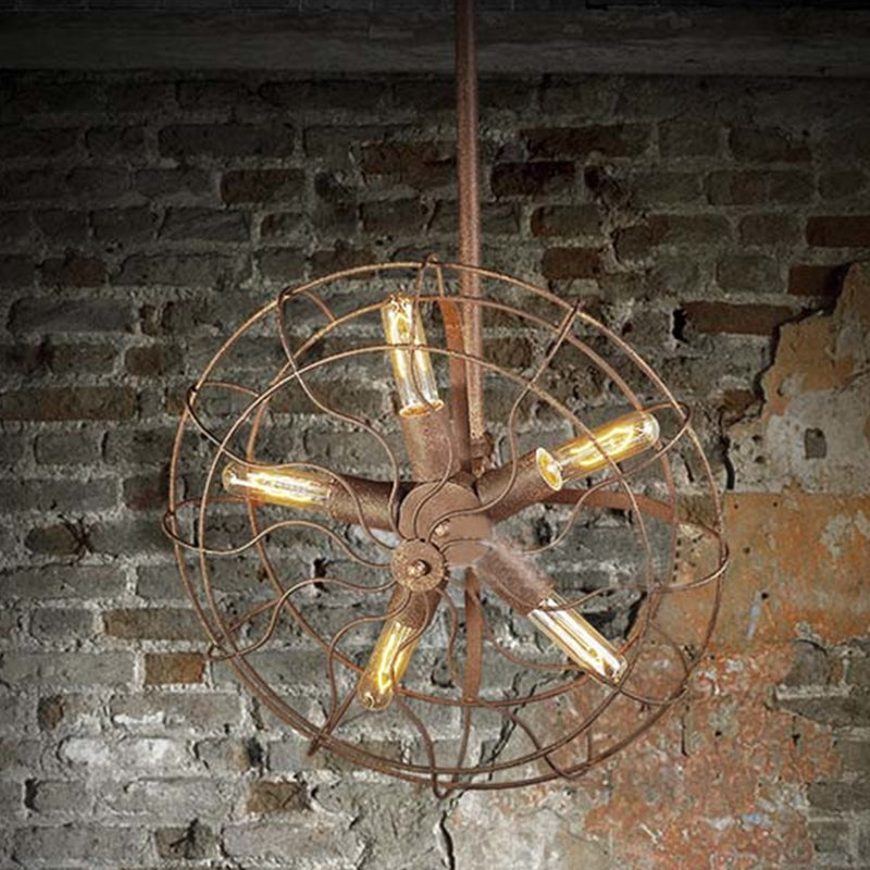 Rustic Farmhouse Ceiling Fan Light: Wire Frame, Fan Shape, 5 Bulbs, Wrought Iron, Dark Rust Chandelier Lamp