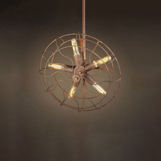 Rustic Wrought Iron Farmhouse Ceiling Light: Fan Shape Wire Frame With 5-Bulb Dark Rust Chandelier