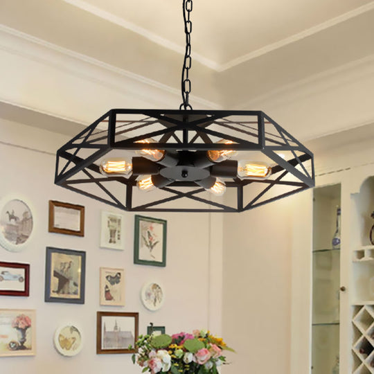 Iron Farmhouse Chandelier Pendant Light With 6 Geometric Cage-Shaded Black Lights
