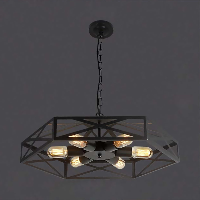 Farmhouse Iron Chandelier with Wire Cage Shade - 6-Light Pendant Ceiling Light in Black