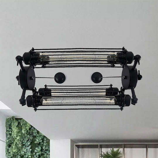 Industrial Style 4-Light Chandelier with Tube Cage Shade - Vertical/Horizontal Indoor Hanging Lamp in Black