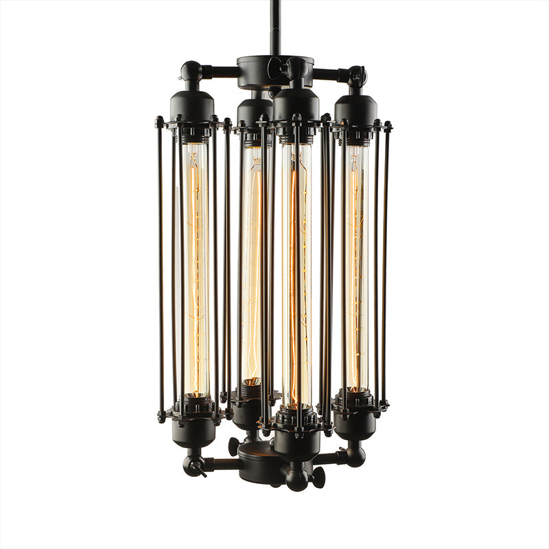 Industrial Style 4-Light Chandelier with Tube Cage Shade - Vertical/Horizontal Indoor Hanging Lamp in Black