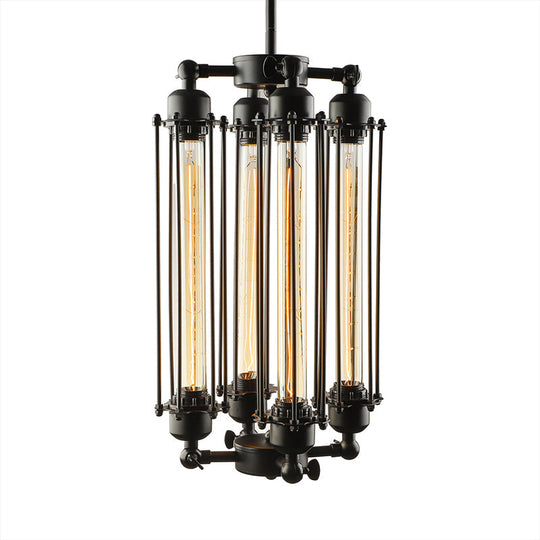 Industrial Style 4-Light Cage Chandelier Lamp - Vertical/Horizontal Hanging Fixture Black Finish