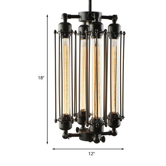Industrial Style 4-Light Cage Chandelier Lamp - Vertical/Horizontal Hanging Fixture Black Finish