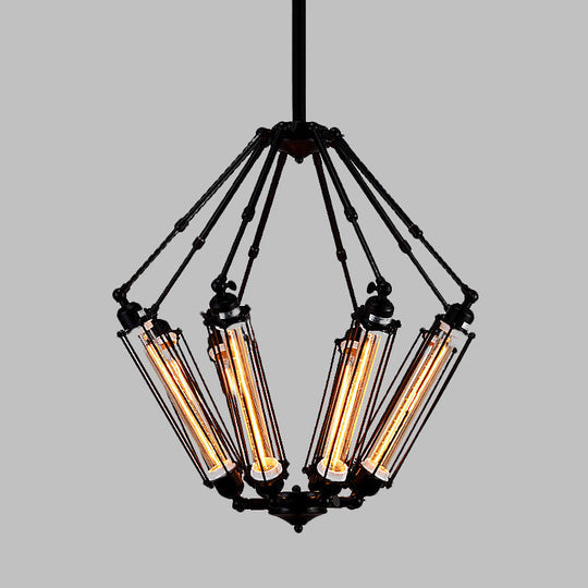 Industrial Metal Pendant Ceiling Lamp - 4-Light Indoor Chandelier Fixture With Tube Cage Design In